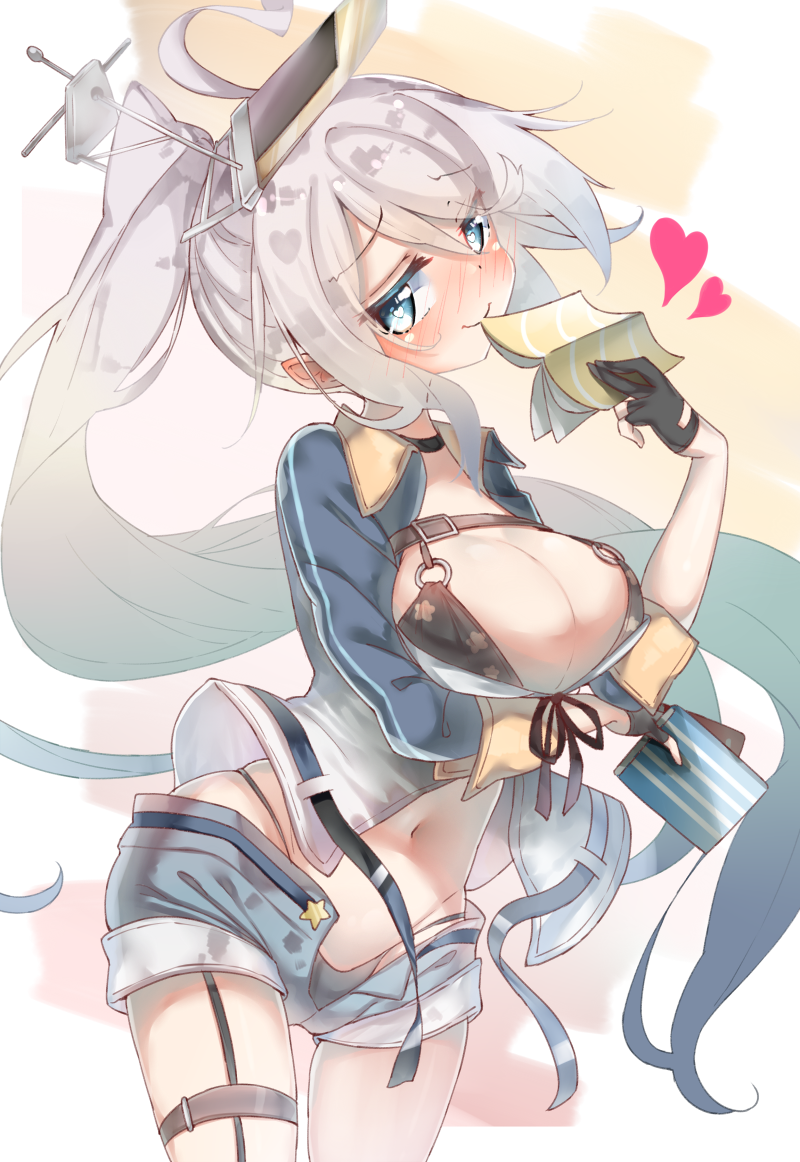 1girl ahoge azur_lane bare_shoulders bikini bikini_under_clothes black_bikini blue_eyes blush breast_hold breasts cleavage colored_eyelashes commentary_request cowboy_shot denim denim_shorts eip_(pepai) eyebrows_visible_through_hair fingerless_gloves from_side gloves groin hair_ornament heart heart-shaped_pupils heart_ahoge highleg highleg_bikini large_breasts leg_garter long_hair looking_at_viewer mouth_hold nose_blush portland_(azur_lane) retrofit_(azur_lane) shorts side_ponytail smile solo swimsuit symbol-shaped_pupils unzipped very_long_hair