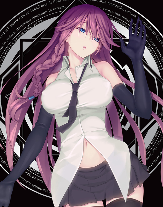 1girl asami_lilith blue_eyes blush braid breasts collared_shirt cowboy_shot elbow_gloves gloves grey_gloves grey_legwear grey_skirt hair_between_eyes large_breasts long_hair looking_at_hand magic_cirle miniskirt navel official_art open_mouth redhead shirt side_braid skirt sleeveless sleeveless_shirt solo thigh-highs trinity_seven white_shirt wing_collar