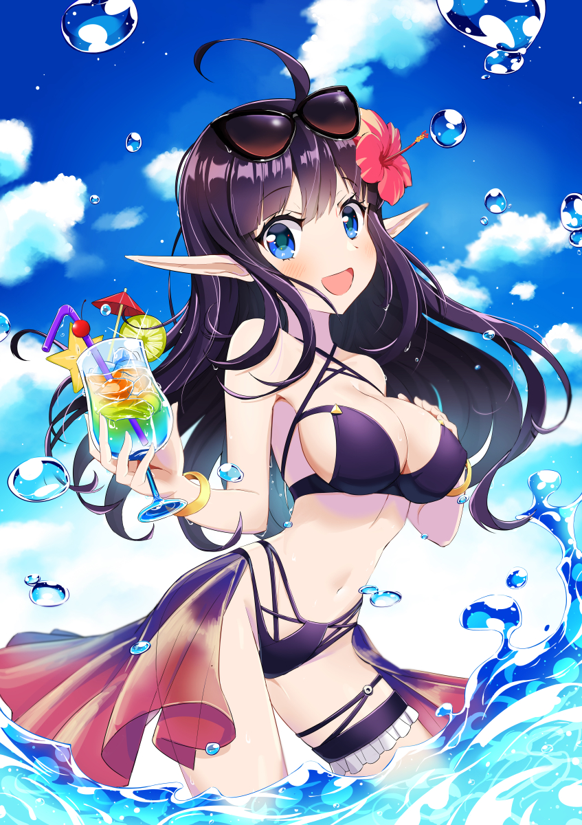 1girl :d ahoge bare_arms bare_shoulders bikini black_bikini black_hair blue_eyes blue_sky blush breasts cleavage clouds cloudy_sky criss-cross_halter day drinking_straw elf eyewear_on_head flower hair_flower hair_ornament halterneck hand_on_own_chest hibiscus highleg highleg_bikini highres holding hurricane_glass king's_raid large_breasts looking_at_viewer mirianne_(king's_raid) navel open_mouth outdoors pointy_ears red_flower sidelocks sky smile solo standing star stomach sunglasses swimsuit thigh_strap tropical_drink wading water water_drop wristband yumi_(milomonkey)