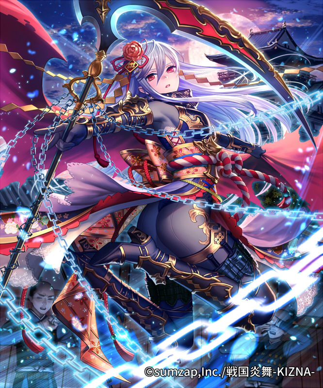1girl armor ass bodysuit boots breasts building cape chains company_name copyright_name esukee flower from_side full_body full_moon glowing hair_flower hair_ornament high_heels holding holding_scythe jumping knife kouhaku_nawa long_hair looking_at_viewer looking_back medium_breasts moon multiple_boys night night_sky ninja obi official_art outstretched_arm parted_lips peony_(flower) purple_hair red_cape sash scythe sengoku_enbu_-kizna- sky solo_focus torn_cape torn_clothes weapon