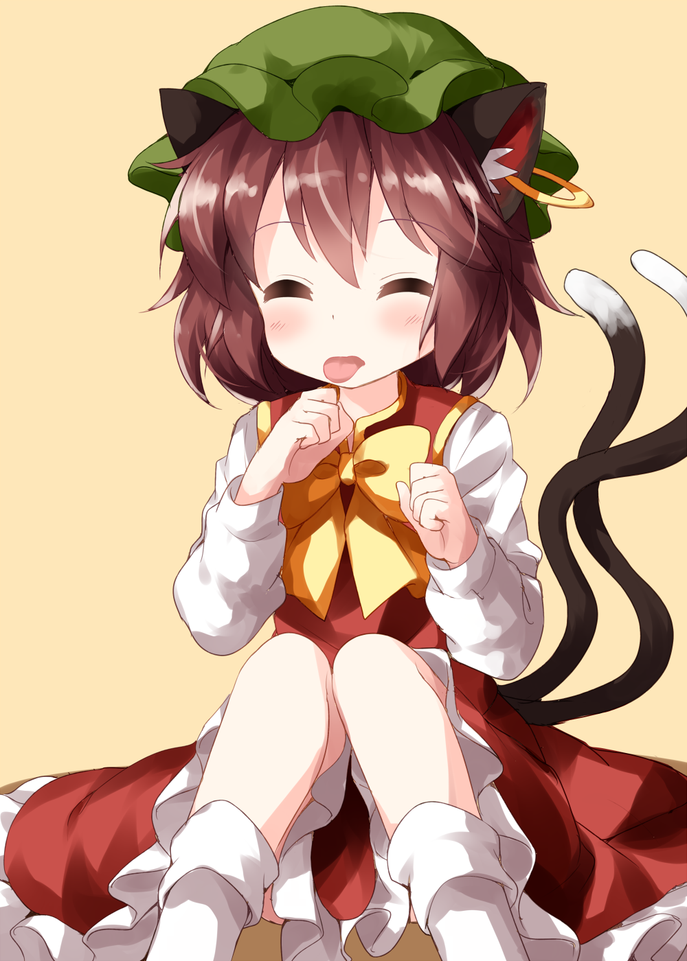 1girl animal_ear_fluff animal_ears blush bow bowtie brown_hair cat_ears cat_tail chen closed_eyes earrings eyebrows_visible_through_hair green_headwear hat highres jewelry long_sleeves multiple_tails red_skirt ruu_(tksymkw) short_hair simple_background sitting skirt solo tail tongue tongue_out touhou yellow_background yellow_neckwear