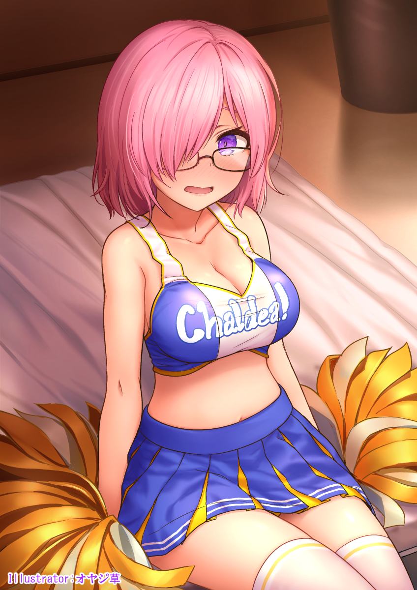 1girl artist_name bangs bare_arms bare_shoulders bed black-framed_eyewear blue_skirt blush breasts cheerleader cleavage clothes_writing collarbone commentary_request cowboy_shot crop_top fate/grand_order fate_(series) glasses hair_over_one_eye highres holding_pom_poms indoors large_breasts looking_at_viewer looking_over_eyewear mash_kyrielight midriff miniskirt navel on_bed open_mouth oyaji-sou pink_hair pleated_skirt shirt short_hair sitting skirt sleeveless sleeveless_shirt solo stomach thigh-highs violet_eyes white_legwear zettai_ryouiki