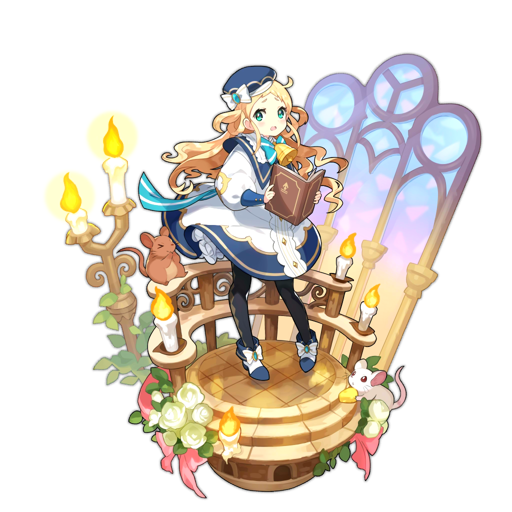 1girl aqua_eyes bell bell_collar black_legwear blonde_hair book candle cheese collar dragalia_lost dress food hat holding holding_book long_hair long_sleeves looking_at_viewer mouse non-web_source official_art pia_(dragalia_lost) puffy_sleeves ribbon sailor_collar saitou_naoki stained_glass transparent_background white_dress