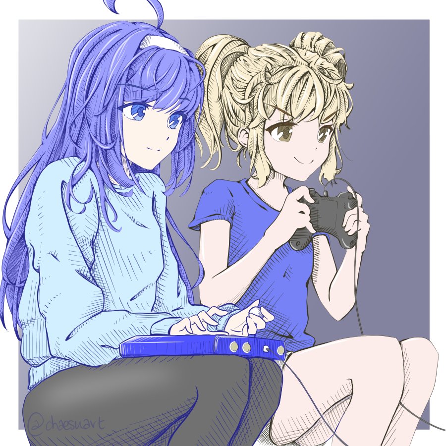 2girls ahoge arcade_stick artist_progress bangs black_legwear blonde_hair blue_eyes blue_hair blunt_bangs brown_eyes cable casual chaesu commentary controller english_commentary eyebrows_visible_through_hair flat_chest game_controller gamepad hairband huge_ahoge joystick long_hair mika_(under_night_in-birth) multiple_girls orie_(under_night_in-birth) pantyhose playing_games revision shirt short_twintails shorts sitting smile sweater t-shirt twintails under_night_in-birth under_night_in-birth_exe:late[st] white_hairband