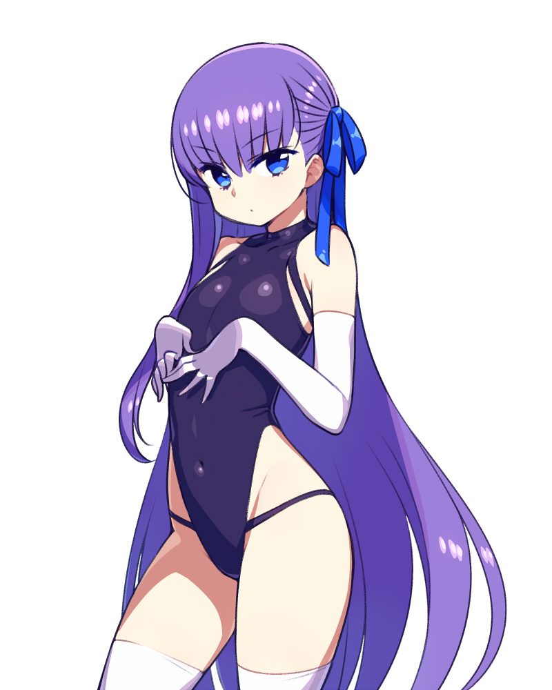 1girl bare_shoulders blue_eyes chan_co contrapposto covered_navel elbow_gloves eyebrows_visible_through_hair fate/extra fate/extra_ccc fate_(series) flat_chest gloves hair_ribbon leotard long_hair looking_at_viewer meltlilith own_hands_together purple_hair ribbon simple_background solo thigh-highs very_long_hair white_background white_gloves white_legwear