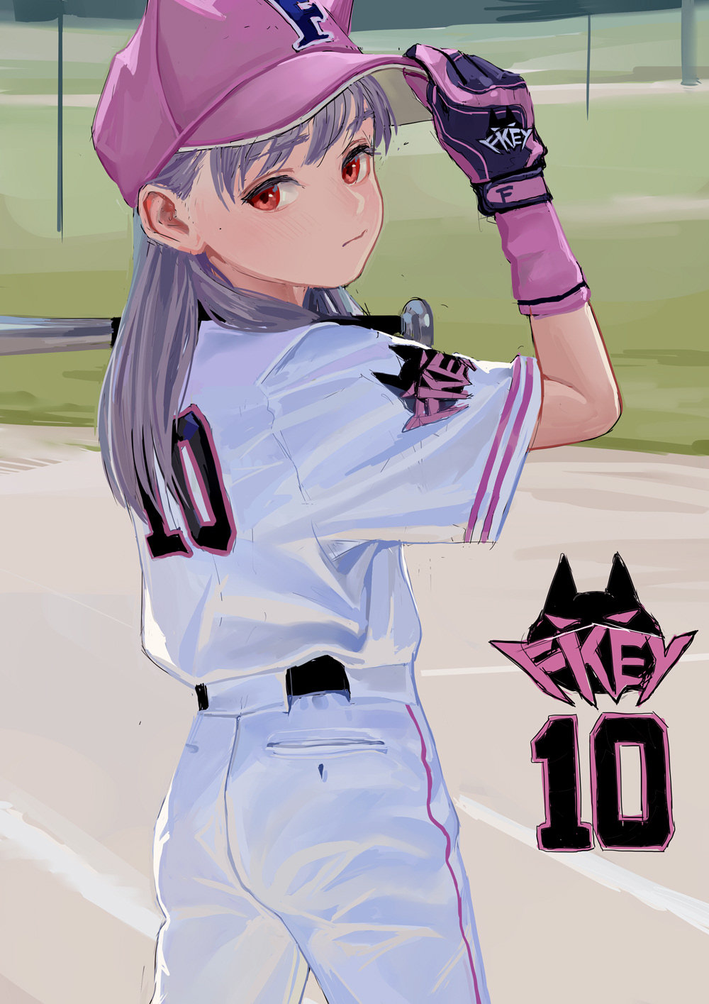 10 1girl adjusting_clothes adjusting_hat artist_name ass bangs baseball_bat baseball_cap baseball_uniform cowboy_shot fkey from_behind gloves hand_up hat highres long_hair looking_back original outdoors pants pink_gloves pink_headwear red_eyes shirt short_sleeves silver_hair solo sportswear standing white_pants white_shirt