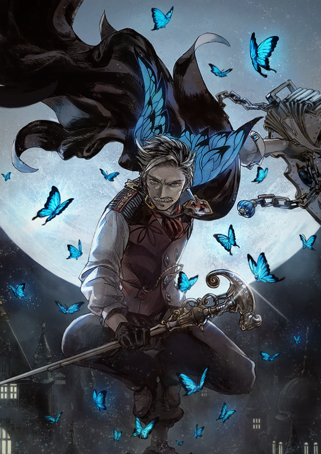 1boy black_gloves blue_eyes bug butterfly cane cape city facial_hair fate/grand_order fate_(series) full_moon gloves grey_hair holding holding_cane holding_weapon huge_moon insect james_moriarty_(fate/grand_order) male_focus moon mustache pants vest weapon