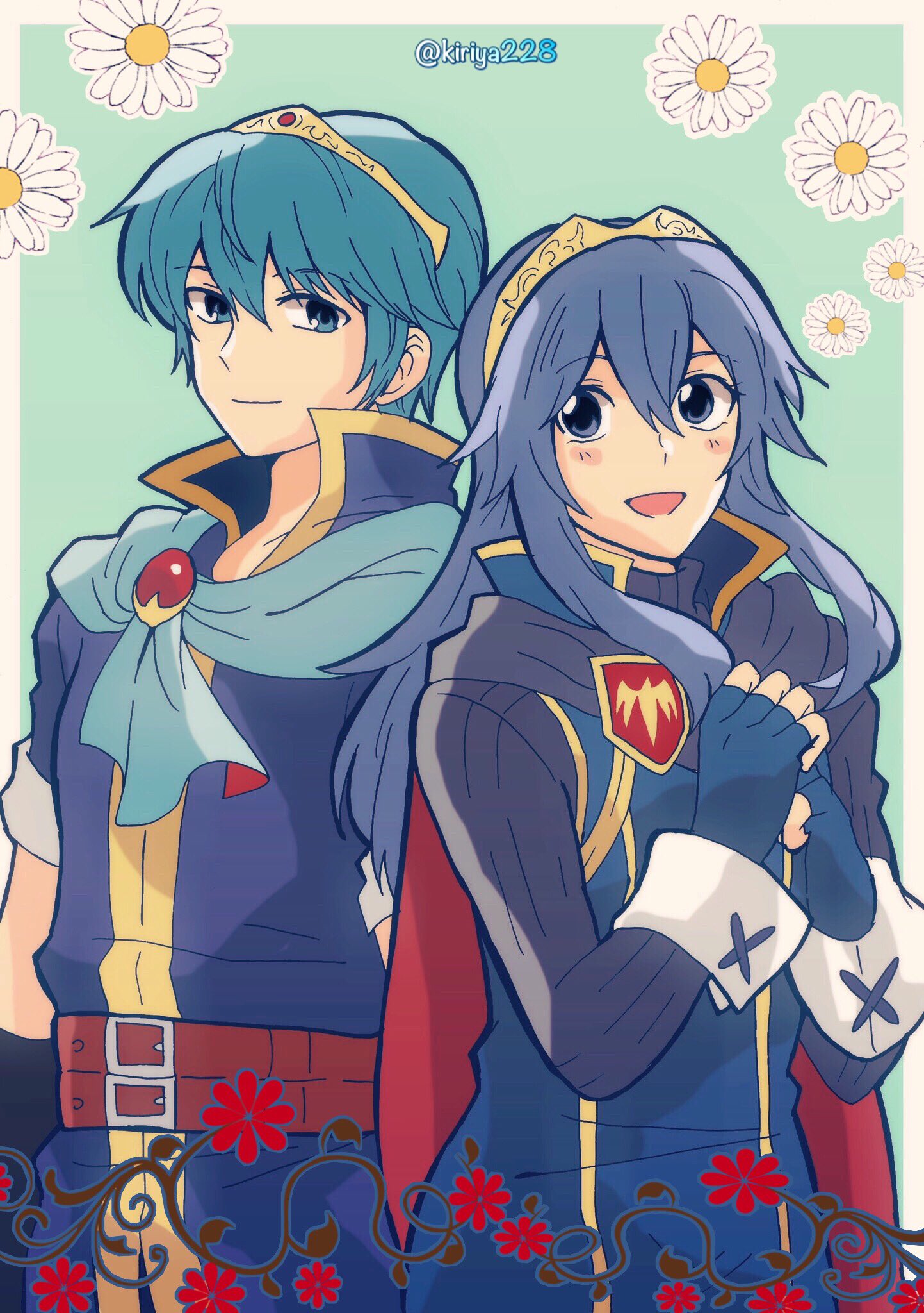 1boy 1girl armor blue_eyes blue_hair blush cape echo_fighter fire_emblem fire_emblem:_kakusei fire_emblem:_mystery_of_the_emblem fire_emblem:_shin_monshou_no_nazo gloves great_grandfather_and_great_garndaughter headband highres intelligent_systems kiriya_(552260) long_hair looking_at_viewer lucina marth nintendo short_hair simple_background smile super_smash_bros. super_smash_bros._ultimate super_smash_bros_for_wii_u_and_3ds tiara
