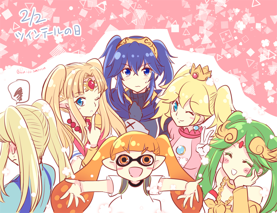 6+girls alternate_hairstyle bare_shoulders bead_necklace beads blonde_hair blue_bodysuit blue_eyes blush blush_stickers bodysuit bracer brooch brown_hair cape circlet closed_eyes crossed_arms crown dress ear_blush embarrassed fire_emblem fire_emblem:_kakusei gloves green_eyes green_hair inkling jewelry kaidou_mitsuki kid_icarus long_hair looking_at_viewer lucina super_mario_bros. metroid mini_crown multiple_girls necklace nintendo one_eye_closed open_mouth orange_hair outstretched_arms palutena pink_dress pointy_ears princess_peach princess_zelda samus_aran shirt smile splatoon_(series) super_mario_bros. super_smash_bros. sweatdrop the_legend_of_zelda the_legend_of_zelda:_a_link_between_worlds tiara twintails very_long_hair wavy_mouth white_shirt zero_suit