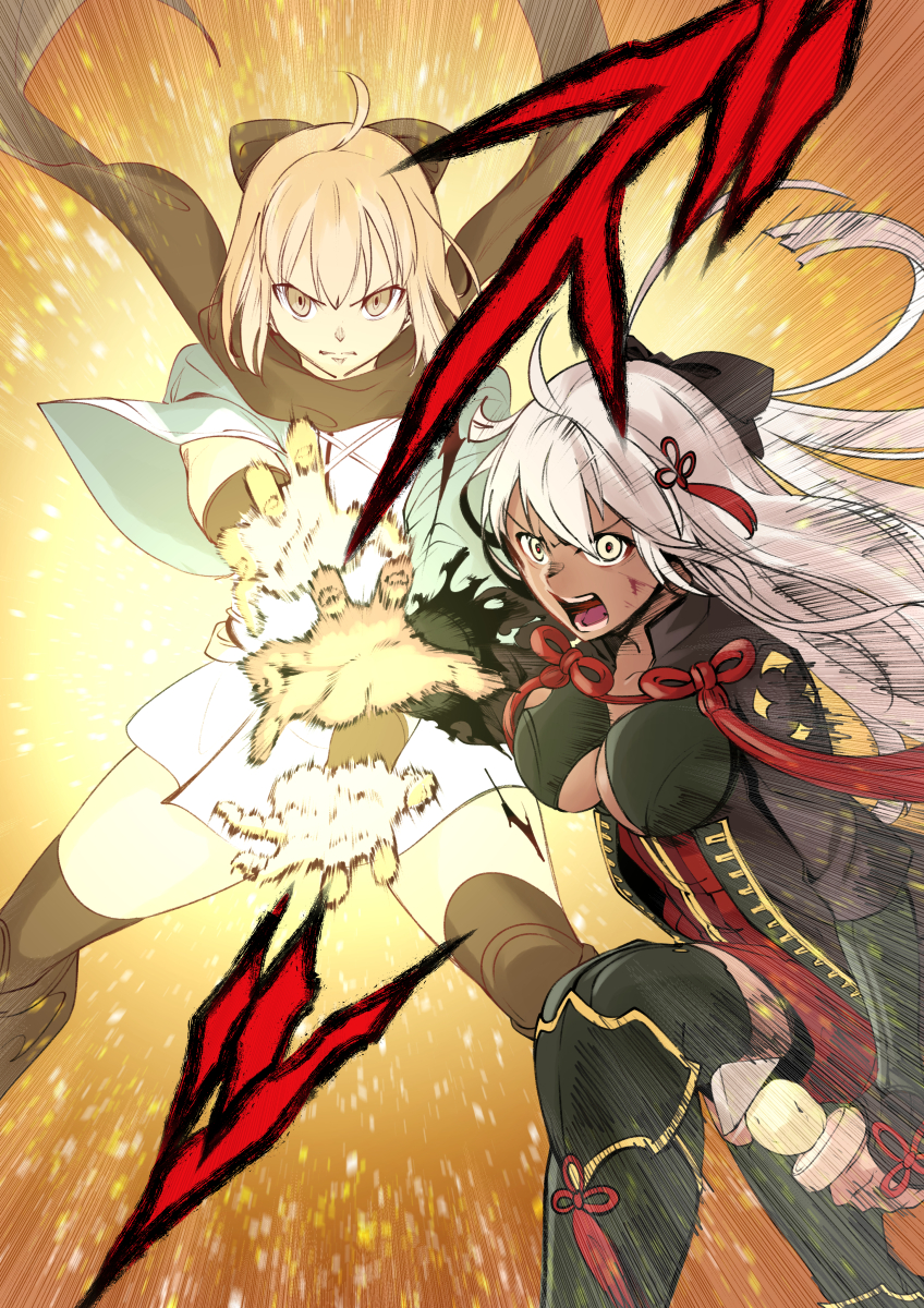 ahoge bangs black_bow blonde_hair bow breasts cleavage dark_skin dragon_ball dragonball_z eyebrows_visible_through_hair fate/grand_order fate_(series) floating_hair food hair_between_eyes hair_bow hair_ornament highres holding holding_food japanese_clothes kamehameha kimono large_breasts long_hair looking_at_viewer motion_blur multiple_girls munakata okita_souji_(alter)_(fate) okita_souji_(fate)_(all) open_mouth parody sash scarf short_hair tassel thigh-highs very_long_hair white_hair wind wind_lift yellow_eyes