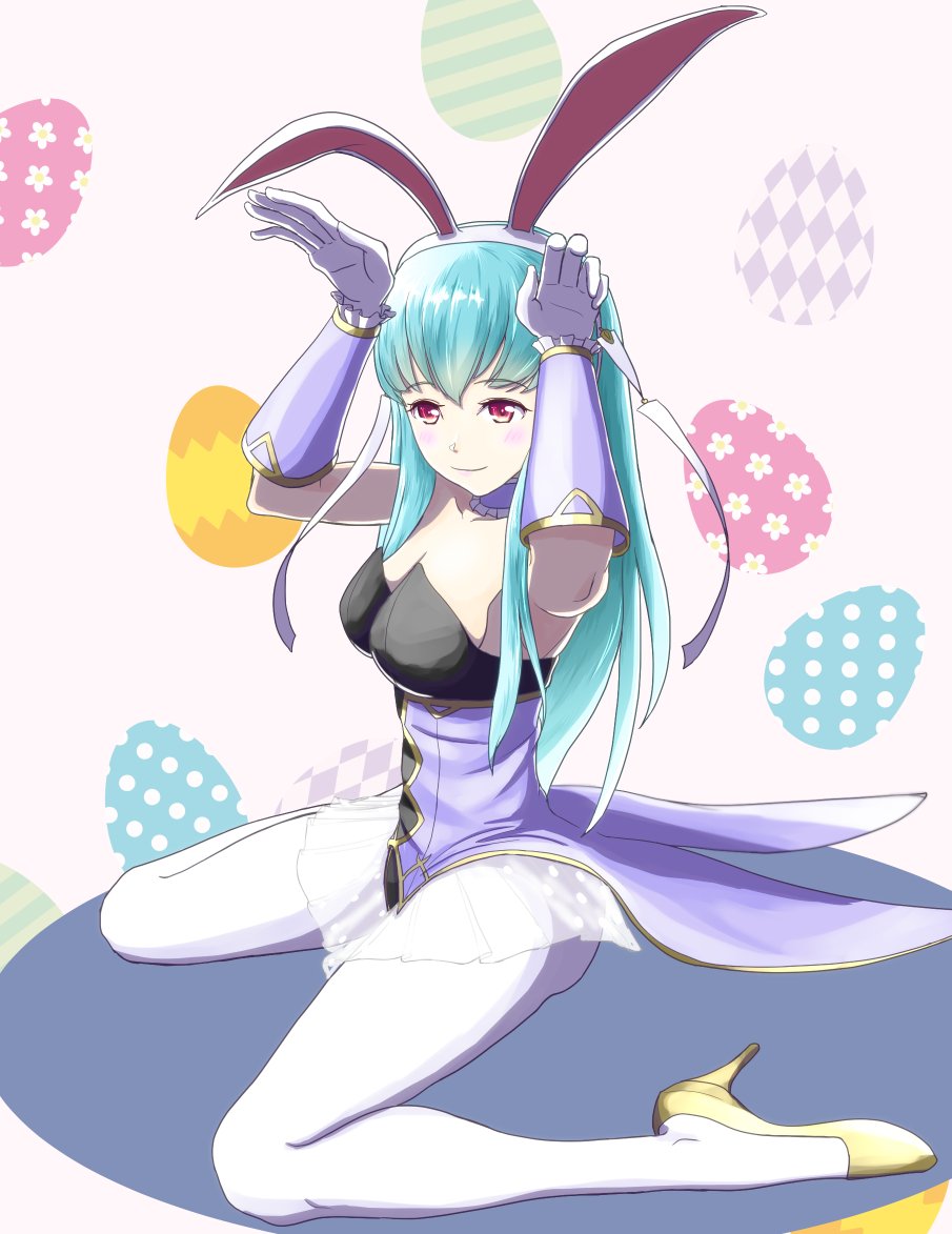 1girl animal_ears bare_shoulders blue_hair bow bowtie breasts bunny_girl bunny_tail bunnysuit cape detached_collar fake_animal_ears fire_emblem fire_emblem:_rekka_no_ken fire_emblem_heroes gzo1206 leotard long_hair looking_at_viewer mamkute ninian nintendo pantyhose rabbit_ears red_eyes solo strapless tail wrist_cuffs