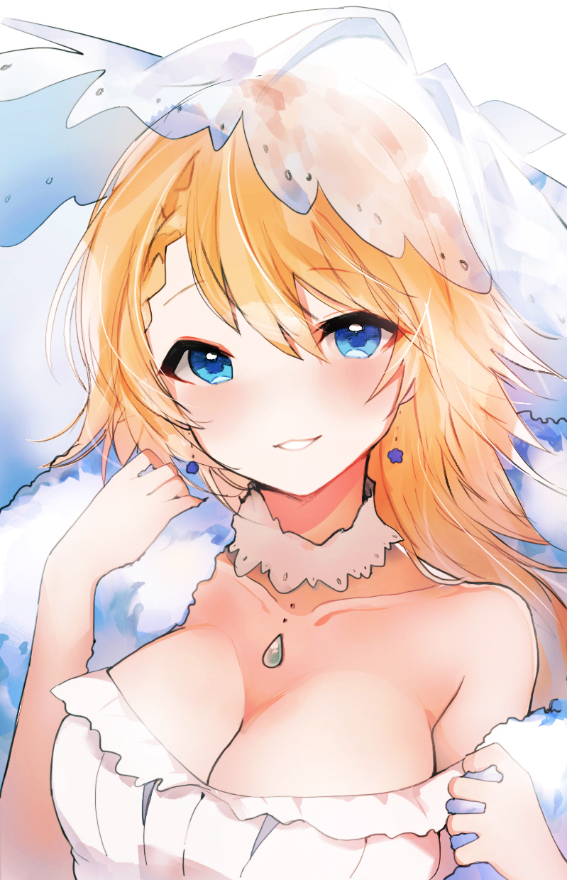 1girl bare_shoulders blonde_hair blue_eyes blush breasts bridal_veil cleavage collarbone detached_collar dress earrings eyebrows_visible_through_hair g36_(girls_frontline) girls_frontline highres jewelry large_breasts long_hair off-shoulder_dress off_shoulder parted_lips peanutc see-through shawl smile solo sweaper upper_body veil white_dress