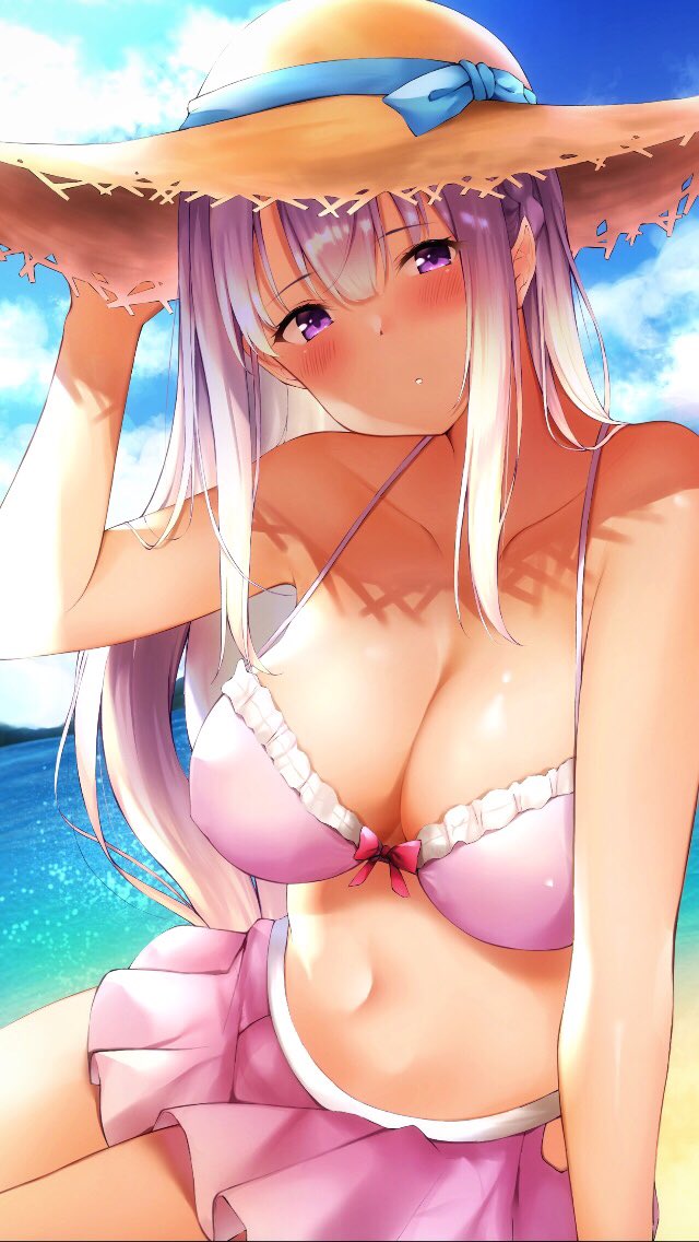 1girl arm_support bare_shoulders beach bikini bikini_skirt breasts cleavage day emilia_(re:zero) flower hair_flower hair_ornament hat large_breasts long_hair looking_at_viewer navel ocean outdoors parted_lips pink_bikini pointy_ears purple_hair re:zero_kara_hajimeru_isekai_seikatsu reno_0901 sand shiny shiny_skin sitting solo stomach straw_hat swimsuit very_long_hair violet_eyes yokozuwari