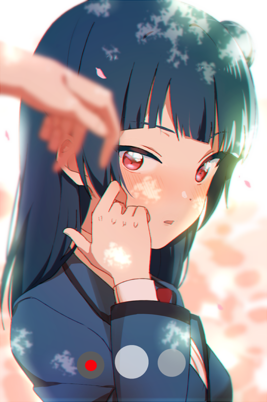 1girl bangs blue_hair blue_jacket blurry_foreground blush hand_on_own_cheek hands jacket long_hair long_sleeves looking_at_viewer love_live! love_live!_sunshine!! open_mouth out_of_frame petals sellel side_bun solo tsushima_yoshiko upper_body violet_eyes