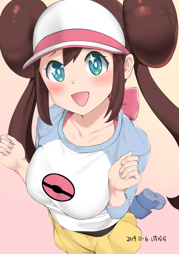 1girl 2019 black_legwear blue_eyes blush bow bra_strap breasts brown_hair collarbone dated double_bun excited hair_bun happy large_breasts leg_up legwear_under_shorts low_twintails mei_(pokemon) mokyutan pantyhose pink_bow pokemon pokemon_(game) pokemon_bw2 pokemon_masters shorts smile solo sparkling_eyes twintails visor_cap yellow_shorts