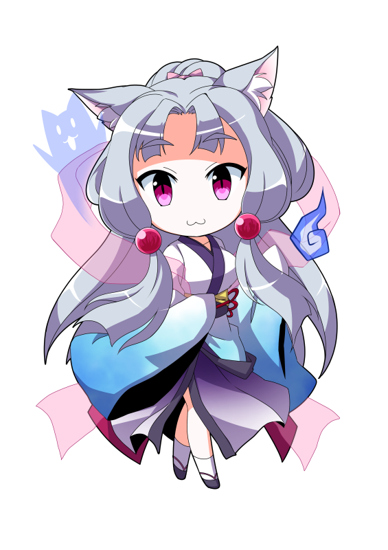 1girl :3 animal_ear_fluff animal_ears chibi dairi eyebrows_visible_through_hair fox_ears grey_hair hitodama japanese_clothes kimono long_hair long_sleeves looking_at_viewer obi pink_eyes ponytail sandals sash sidelocks solo standing tachi-e touhoku_itako transparent_background voiceroid wide_sleeves