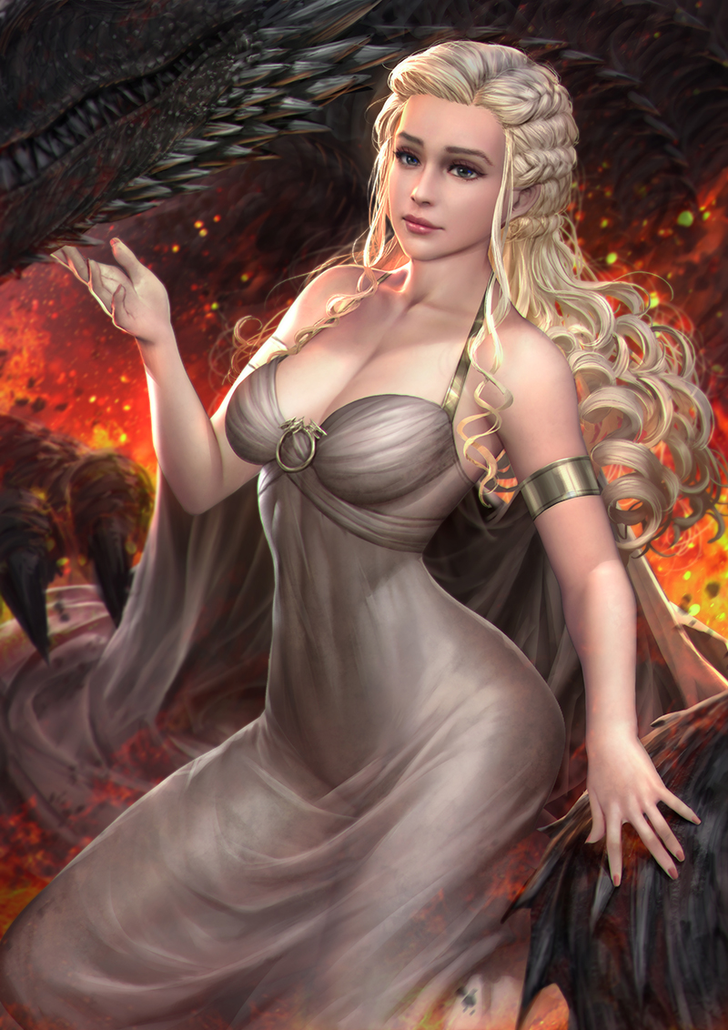 1girl a_song_of_ice_and_fire armlet blonde_hair blue_eyes braid breasts cleavage closed_mouth daenerys_targaryen dragon dress game_of_thrones lips long_hair looking_at_viewer medium_breasts nail_polish nudtawut_thongmai sitting solo white_dress