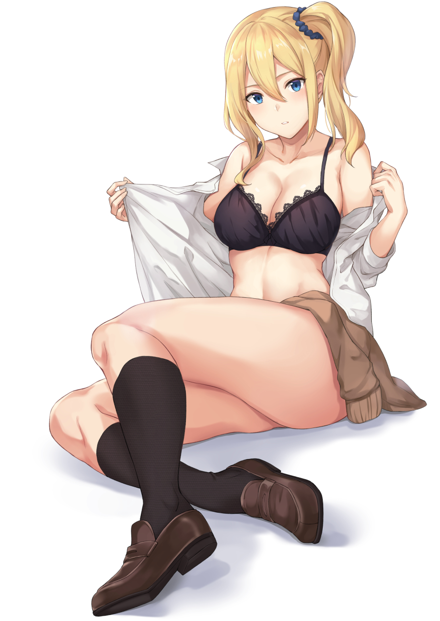 1girl bangs black_bra black_legwear blonde_hair blue_eyes blush bra breasts closed_mouth clothes_around_waist collared_shirt full_body hair_between_eyes hair_ornament hair_scrunchie hayasaka_ai highres kaguya-sama_wa_kokurasetai_~tensai-tachi_no_renai_zunousen~ lace lace-trimmed_bra lace_trim loafers long_hair looking_at_viewer open_clothes open_shirt scrunchie shirt shoes side_ponytail sidelocks sitting solo sweater_around_waist terry_(pixiv3274443) underwear white_background