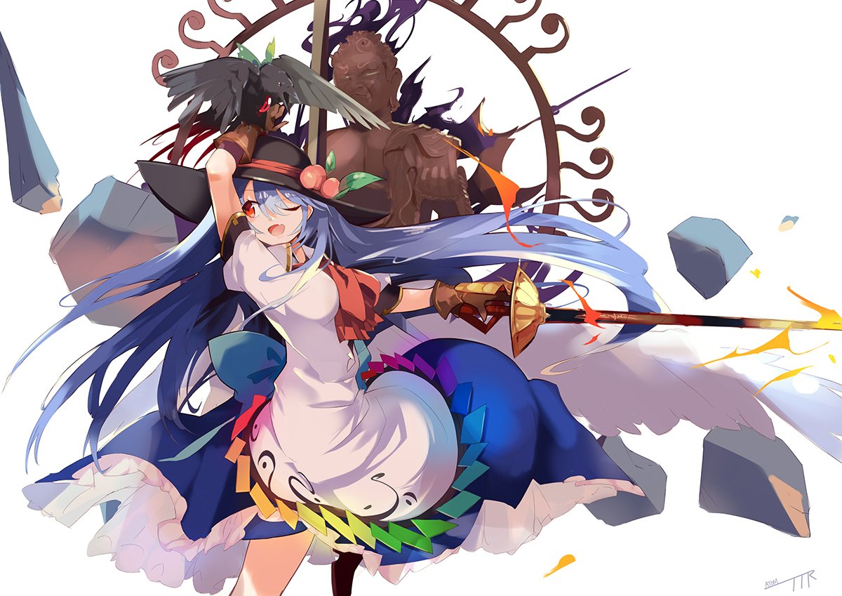 1girl arm_up bangs bird black_footwear black_headwear blouse blue_hair blue_skirt boots bow breasts brown_gloves commentary_request cowboy_shot eyebrows_visible_through_hair fang food fruit gloves green_bow hair_between_eyes hair_bow hinanawi_tenshi holding holding_lance holding_weapon knee_up leaf long_hair looking_to_the_side medium_breasts one_eye_closed open_mouth peach petticoat puffy_short_sleeves puffy_sleeves red_eyes red_neckwear reiuji_utsuho reiuji_utsuho_(bird) rock short_sleeves signature simple_background skin_fang skirt smile solo statue tetsurou_(fe+) thighs touhou very_long_hair weapon white_background white_blouse wing_collar