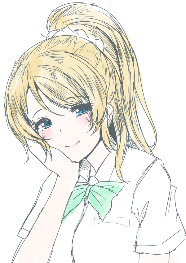 1girl ayase_eli blonde_hair blue_eyes blush bow bowtie chin_rest dress_shirt frapowa green_bow high_ponytail love_live! love_live!_school_idol_project shirt sketch smile solo upper_body white_background