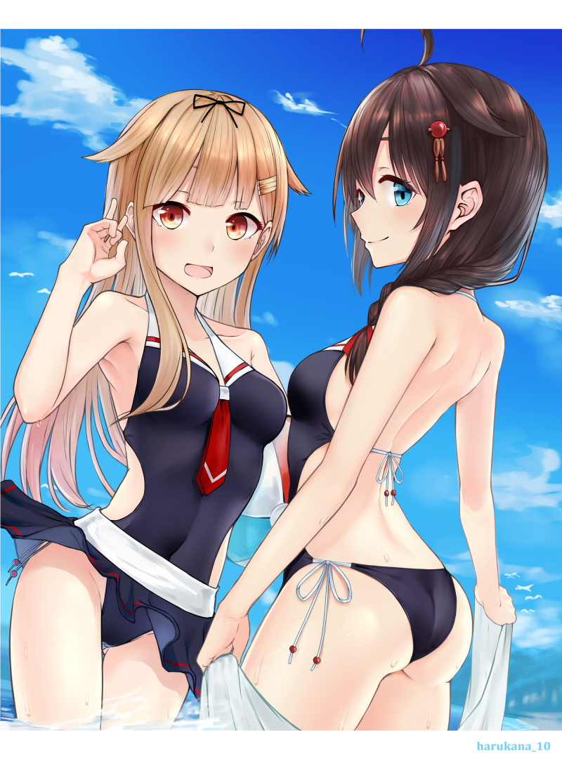 2girls :d adapted_costume ahoge alternate_costume arm_up ass back ball bangs bare_shoulders beach black_ribbon blonde_hair blue_eyes blue_sky blush braid breasts brown_hair casual_one-piece_swimsuit closed_mouth clouds collarbone commentary_request covered_navel day eyebrows_visible_through_hair from_side gluteal_fold groin hair_between_eyes hair_flaps hair_ornament hair_over_shoulder hair_ribbon hairclip halter_top halterneck harukana_(harukana_10) holding holding_ball holding_towel kantai_collection long_hair looking_at_viewer medium_breasts multiple_girls ocean one-piece_swimsuit open_mouth outdoors red_eyes red_neckwear remodel_(kantai_collection) ribbon sand shigure_(kantai_collection) shoulder_blades side-tie_swimsuit single_braid skindentation sky smile standing swimsuit towel v water water_drop yuudachi_(kantai_collection)