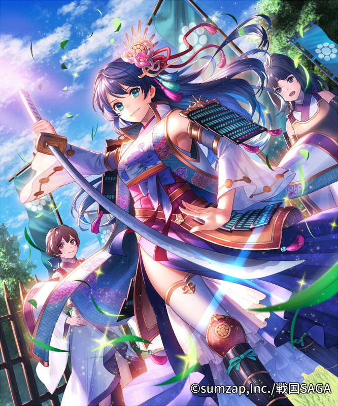 3girls :d aqua_eyes armor black_eyes black_hair blue_sky brown_eyes brown_hair clouds company_name copyright_name day detached_sleeves dutch_angle esukee feet_out_of_frame flag floral_print flower glint hair_flower hair_ornament hand_up holding holding_sword holding_weapon japanese_armor japanese_clothes katana kusazuri leaf long_sleeves looking_at_viewer multiple_girls official_art open_mouth outdoors purple_hair sengoku_saga shoulder_armor side_slit sky smile sode solo_focus standing suneate sword tassel thigh-highs tree weapon white_legwear