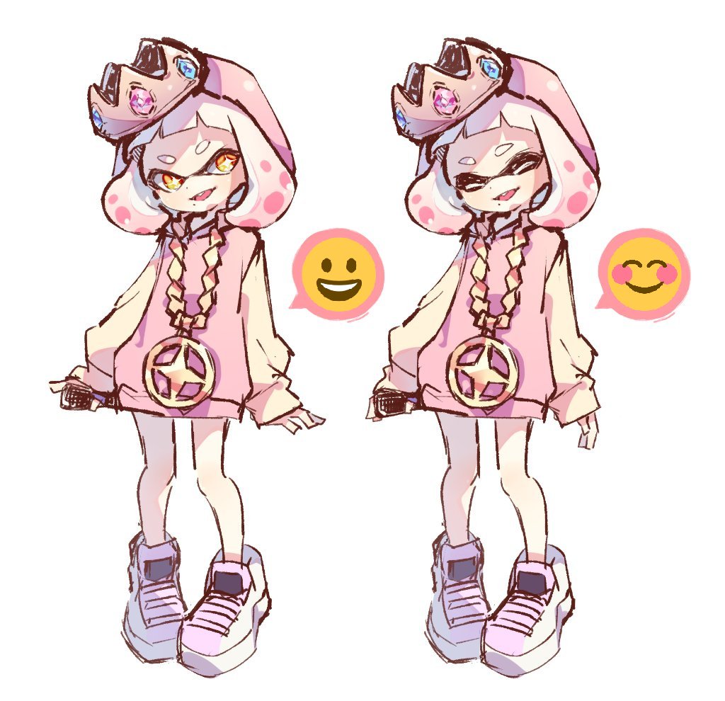 +_+ 1girl bangs blunt_bangs cellphone commentary crown domino_mask dress expressions fang gem head_tilt hime_(splatoon) holding holding_cellphone holding_phone jewelry long_sleeves mask medium_hair mole mole_under_mouth necklace open_mouth pendant phone pink_dress pink_hair sen_squid shoes simple_background smile smiley_face splatoon splatoon_(series) splatoon_2 sweater sweater_dress symbol_commentary tentacle_hair white_background white_footwear white_hair yellow_eyes