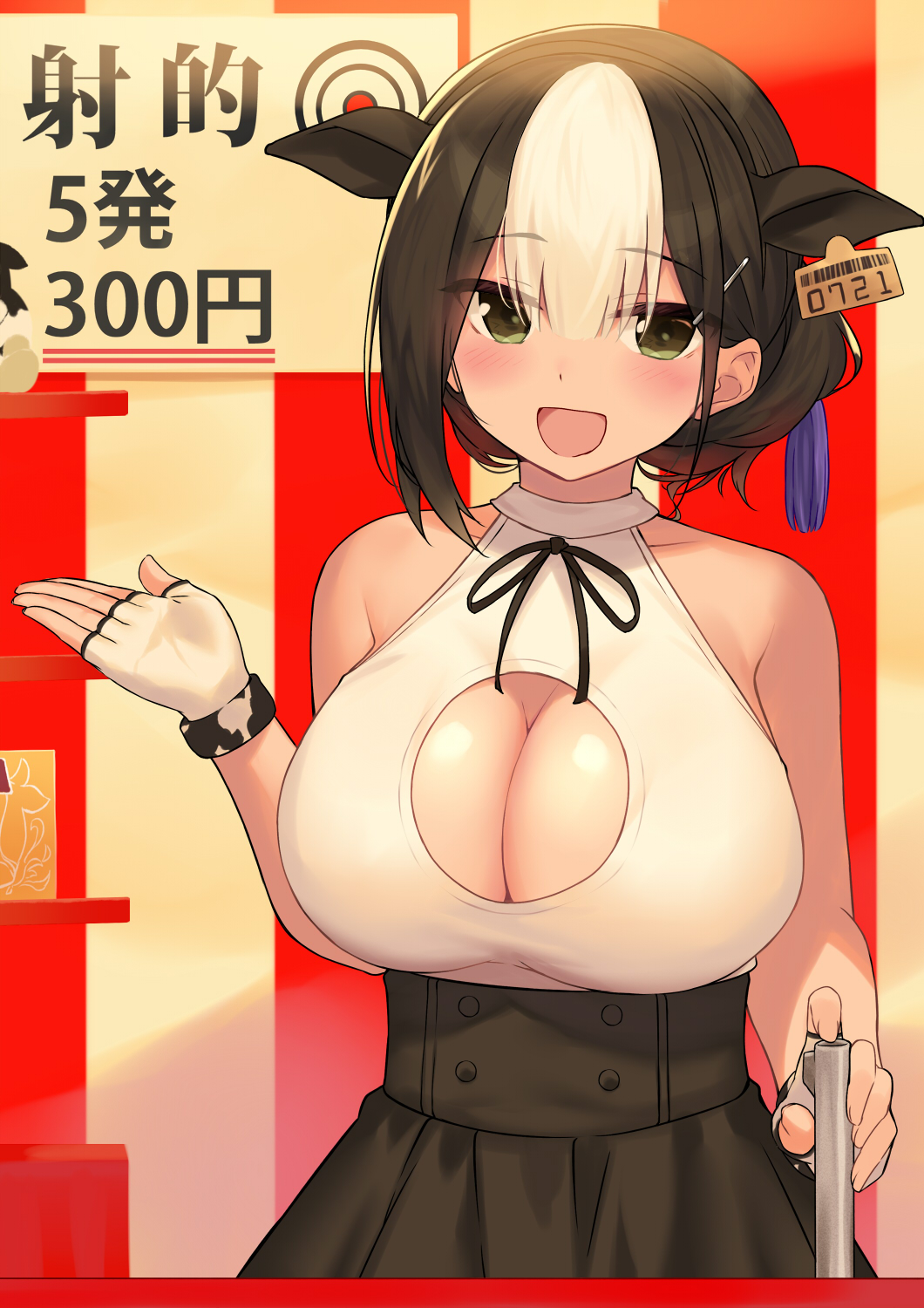 1girl :d animal_ears bangs bare_arms bare_shoulders black_hair black_skirt blush breasts cccpo cleavage cleavage_cutout collarbone commentary_request cow_ears fake_animal_ears fingerless_gloves gloves green_eyes hair_between_eyes hair_ornament hairband hairclip hand_up high-waist_skirt highres holding large_breasts looking_at_viewer multicolored_hair open_mouth original shirt shooting_gallery short_hair sidelocks skirt sleeveless sleeveless_shirt smile solo standing tag two-tone_hair upper_body white_gloves white_hair white_shirt