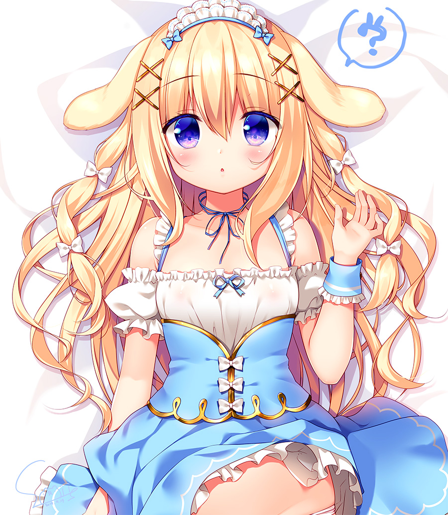 1girl :o ? animal_ears bangs bed_sheet blonde_hair blue_ribbon blue_skirt blush bow collarbone commentary_request detached_sleeves eyebrows_visible_through_hair frilled_skirt frills hair_between_eyes hair_bow hair_ornament hand_up long_hair lying maid maid_headdress neck_ribbon on_back original panties parted_lips puffy_short_sleeves puffy_sleeves rabbit rabbit_ears ribbon sasai_saji short_sleeves sidelocks skirt skirt_lift sleeveless solo spoken_question_mark underwear very_long_hair violet_eyes white_bow white_panties white_sleeves wrist_cuffs x_hair_ornament
