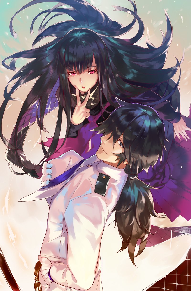 1boy 1girl black_hair fate/grand_order fate_(series) floating gloves hair_over_one_eye hat highres long_hair long_sleeves ohland oryou_(fate) ponytail red_eyes sakamoto_ryouma_(fate) scarf v very_long_hair white_gloves