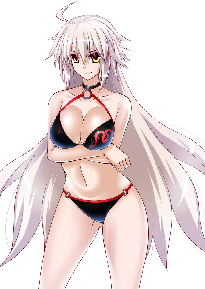 1girl ahoge bikini black_bikini black_choker black_jacket breasts choker cleavage commentary_request cropped_jacket crossed_arms engo_(aquawatery) eyebrows_visible_through_hair fate/grand_order fate_(series) gluteal_fold jacket jeanne_d'arc_(alter_swimsuit_berserker) jeanne_d'arc_(fate)_(all) large_breasts long_hair navel o-ring o-ring_bikini o-ring_bottom o-ring_top red_legwear shrug_(clothing) silver_hair smile solo swimsuit very_long_hair white_background yellow_eyes