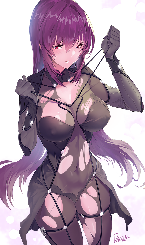 1girl artist_name bangs blush bodysuit breasts covered_navel damda fate/grand_order fate_(series) hair_between_eyes large_breasts long_hair looking_at_viewer purple_bodysuit purple_hair red_eyes scathach_(fate)_(all) scathach_(fate/grand_order) signature solo thighs torn_bodysuit torn_clothes