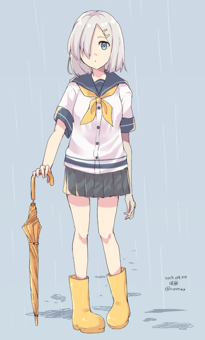 1girl blue_background blue_eyes boots commentary_request full_body gloves hair_ornament hair_over_one_eye hairclip hamakaze_(kantai_collection) kantai_collection looking_at_viewer neckerchief planted_umbrella pleated_skirt rain rubber_boots school_uniform serafuku short_hair short_sleeves silver_hair simple_background skirt solo standing u_yuz_xx umbrella white_gloves white_hair yellow_footwear yellow_neckwear yellow_umbrella