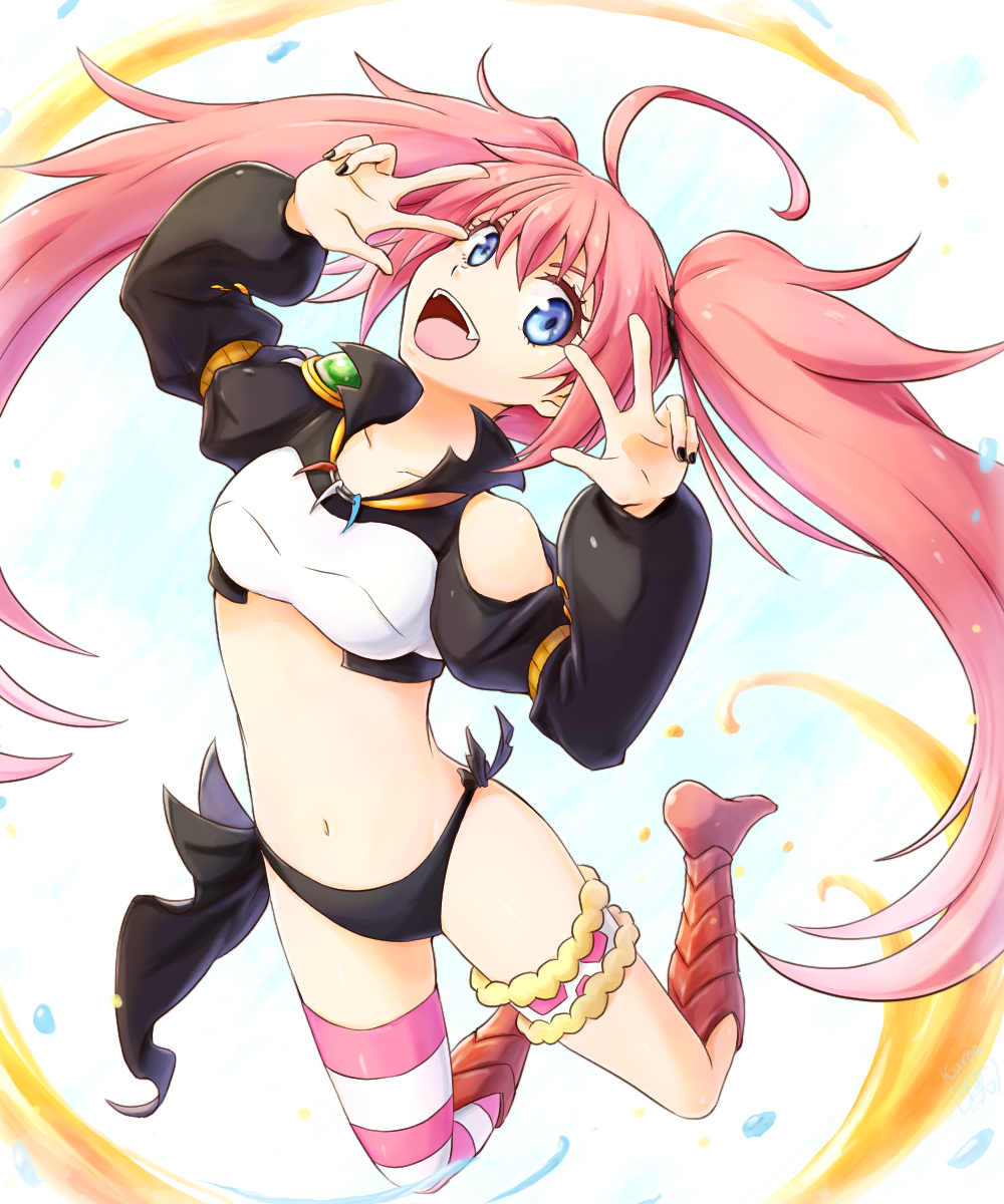 1girl :d black_nails black_panties black_sleeves blue_eyes crop_top fangs floating_hair head_tilt highres kuroa_(kuroan) legs_up long_hair long_sleeves midriff milim_nava nail_polish navel open_mouth panties pink_hair shoulder_cutout single_thighhigh smile solo stomach striped striped_legwear tensei_shitara_slime_datta_ken thigh-highs thigh_strap twintails underwear very_long_hair w white_background