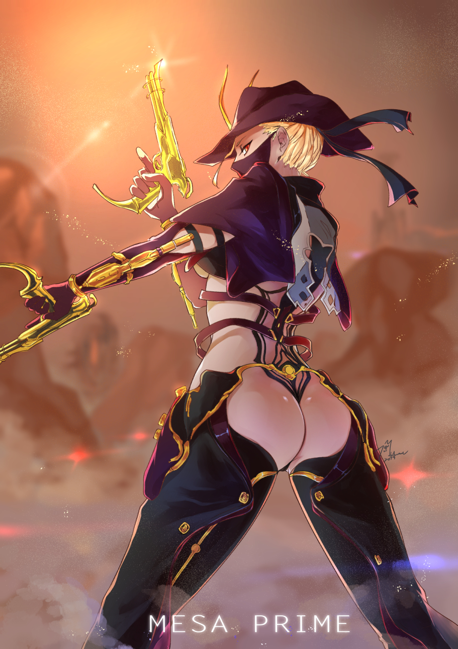 1girl ass bangs blonde_hair bodysuit breasts character_name commentary_request cowboy_shot dual_wielding from_behind gloves gun hand_up handgun hat highres holding holding_gun holding_weapon humanization looking_at_viewer looking_back mask medium_breasts mesa_(warframe) mesa_prime_(warframe) phytoster pistol solo thong trigger_discipline under_boob warframe weapon yellow_eyes