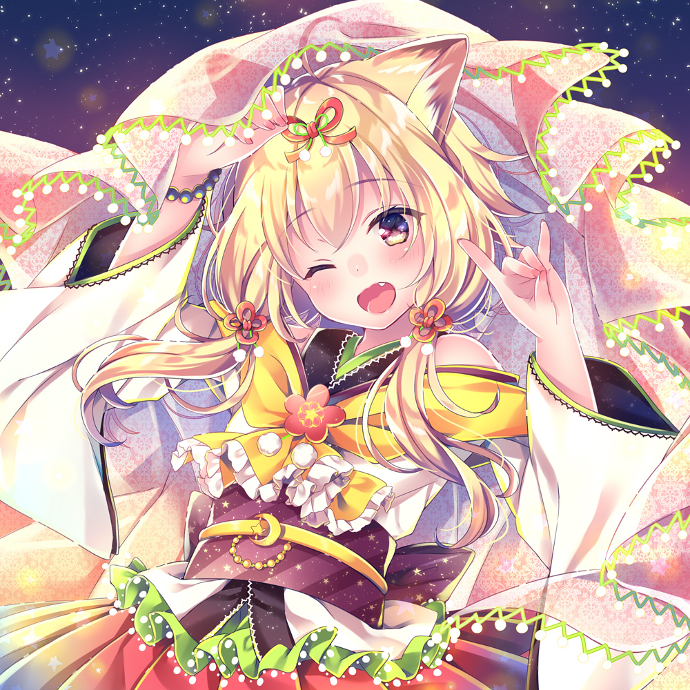 1girl ahoge animal_ear_fluff animal_ears arm_up bangs blonde_hair blush brown_eyes commentary_request eyebrows_visible_through_hair fang fingernails fox_ears fox_shadow_puppet hair_between_eyes hair_ribbon hand_up head_tilt japanese_clothes kimono long_hair long_sleeves low_twintails nail_polish nemuri_nemu night night_sky obi one_eye_closed open_mouth original pink_nails pleated_skirt red_ribbon red_skirt ribbon sash skirt sky solo star star_(sky) starry_sky twintails veil white_kimono wide_sleeves