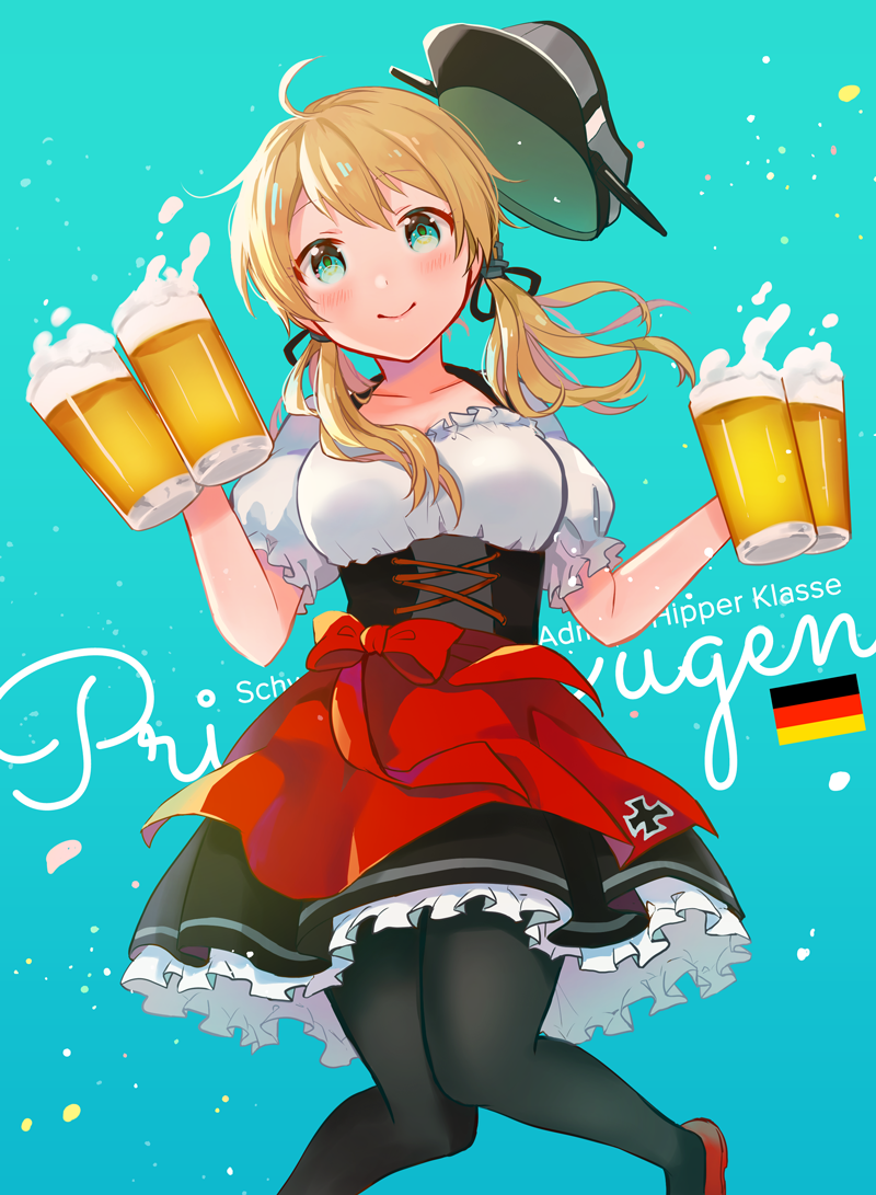 1girl alcohol anbutter_siruko anchor_hair_ornament apron aqua_eyes beer beer_mug black_legwear blonde_hair blush breasts character_name cleavage cup dirndl dress german_clothes hair_ornament hat holding holding_cup iron_cross kantai_collection large_breasts long_hair looking_at_viewer oktoberfest pantyhose peaked_cap prinz_eugen prinz_eugen_(kantai_collection) red_footwear smile solo twintails underbust