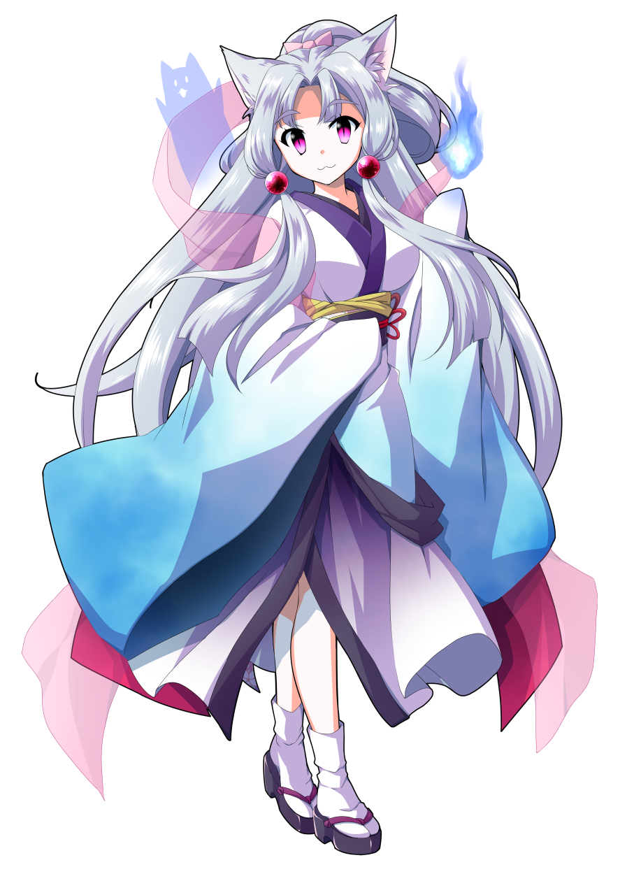 1girl :3 animal_ear_fluff animal_ears bangs blue_kimono bow breasts commentary_request dairi eyebrows_visible_through_hair fox_ears geta grey_hair hair_bow hair_ornament highres hitodama japanese_clothes kimono long_hair long_sleeves looking_at_viewer medium_breasts obi parted_bangs pink_bow pink_eyes sash sidelocks sleeves_past_fingers sleeves_past_wrists solo standing tabi tachi-e touhoku_itako transparent_background very_long_hair voiceroid wide_sleeves