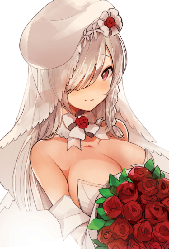 1girl bare_shoulders beret blush bouquet bow braid breasts bridal_veil cleavage closed_mouth detached_collar dress flower g36c_(girls_frontline) girls_frontline hair_over_one_eye hat holding holding_bouquet large_breasts long_hair looking_at_viewer peanutc red_flower red_rose rose see-through side_braid silver_hair simple_background smile solo strapless strapless_dress upper_body veil violet_eyes white_background white_bow white_dress white_headwear white_neckwear