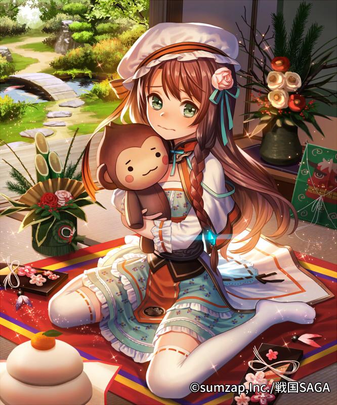 1girl :3 aqua_dress braid bridge brown_hair camellia capelet company_name copyright_name day dress esukee flower food frilled_dress frills fruit full_body green_eyes hagoita hair_flower hair_ornament hat holding holding_stuffed_animal indoors kadomatsu kagami_mochi kite long_hair looking_at_viewer mandarin_orange mob_cap new_year official_art paddle pond ribbon-trimmed_legwear ribbon_trim sengoku_saga side_braid sitting solo stepping_stones stuffed_animal stuffed_monkey stuffed_toy tatami thigh-highs tree vase veranda wariza white_legwear