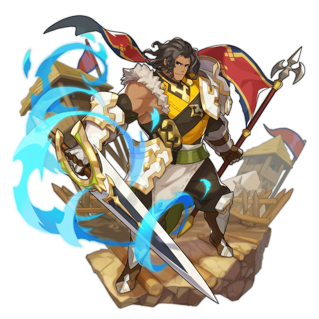 1boy armor armored_boots black_eyes black_hair boots closed_mouth dragalia_lost energy flag gauntlets holding holding_sword holding_weapon looking_at_viewer male_focus non-web_source official_art ranzal saitou_naoki smile sword transparent_background weapon