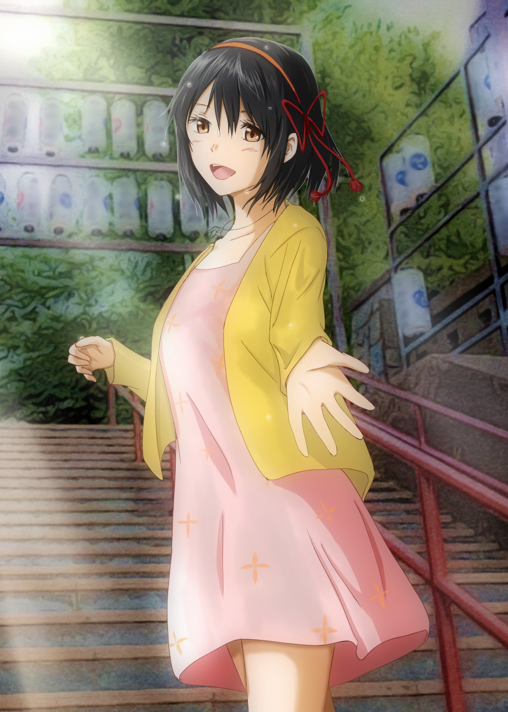 1girl :d black_hair blush brown_eyes collarbone cowboy_shot day dress hair_between_eyes hair_ribbon hairband highres jacket jewelry kimi_no_na_wa. long_sleeves looking_at_viewer miyamizu_mitsuha necklace open_clothes open_jacket open_mouth orange_hairband outdoors outstretched_arm pink_dress print_dress red_ribbon ribbon shiny shiny_hair short_dress short_hair smile solo stairs standing sundress sunlight user_rtsg2375 yellow_jacket