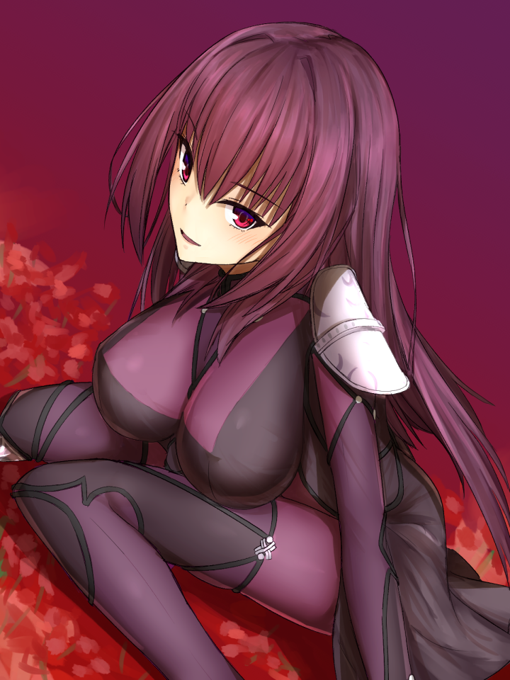 1girl bodysuit breasts elfenlied22 fate/grand_order fate_(series) flower from_above gradient gradient_background hair_intakes impossible_bodysuit impossible_clothes knees_together_feet_apart large_breasts leotard long_hair looking_at_viewer looking_up parted_lips pauldrons purple_bodysuit purple_hair purple_leotard red_eyes scathach_(fate)_(all) scathach_(fate/grand_order) shoulder_armor sitting smile solo