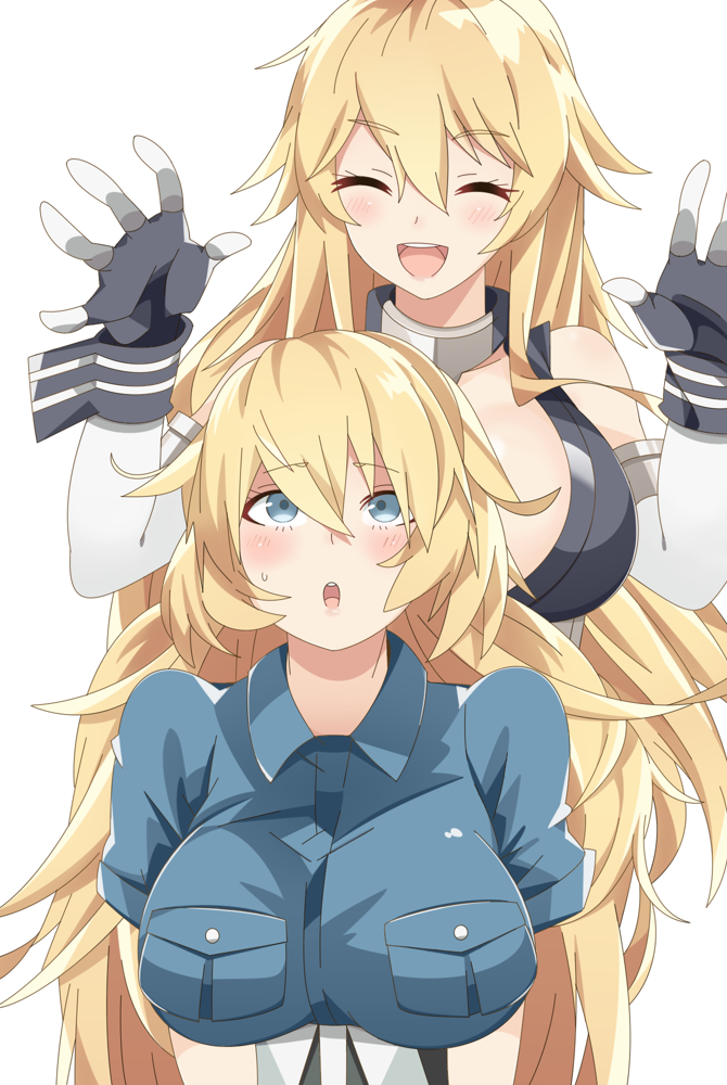 2girls blue_eyes blue_shirt blush breast_pocket breasts closed_eyes collar collarbone elbow_gloves from_behind gambier_bay_(kantai_collection) gloves hair_between_eyes iowa_(kantai_collection) kantai_collection large_breasts long_hair looking_at_another looking_up messy_hair metal_collar multiple_girls open_mouth pocket salve_(8947279) shirt short_sleeves simple_background sweatdrop two-tone_gloves upper_body white_background white_gloves