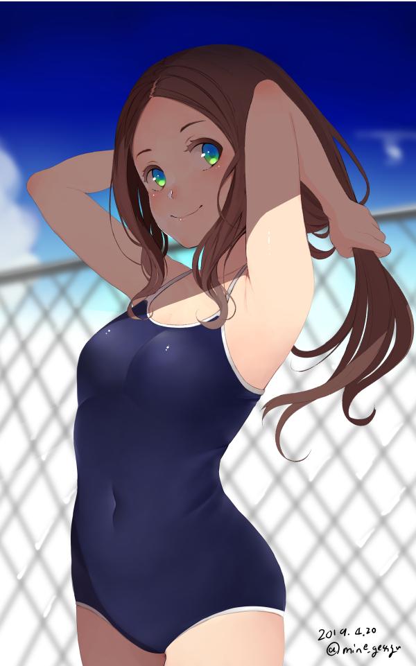 1girl blue_eyes blue_sky blue_swimsuit blurry breasts brown_hair chain-link_fence clouds commentary_request competition_school_swimsuit covered_navel cowboy_shot dated depth_of_field fate/grand_order fate_(series) fence forehead holding holding_hair leonardo_da_vinci_(fate/grand_order) long_hair mine_(wizard) outdoors school_swimsuit shade sky small_breasts smile solo swimsuit twitter_username wavy_hair