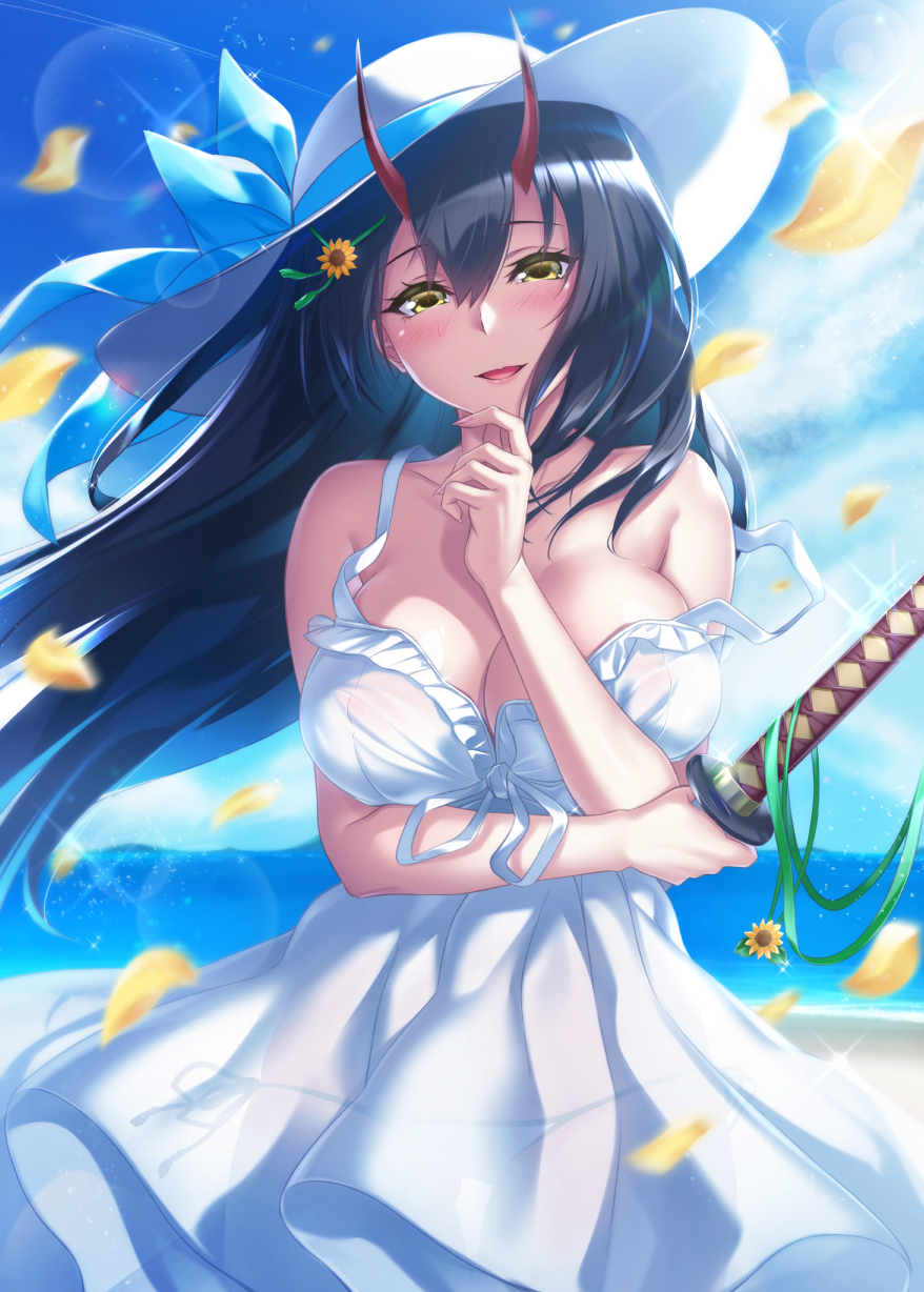 1girl azur_lane bare_shoulders beach black_hair blue_sky blush breasts casual clouds day dress hair_between_eyes hair_ornament hat highres holding holding_sword holding_weapon horns katana ken_ill large_breasts long_hair looking_at_viewer oni_horns open_mouth outdoors ribbon sky smile solo strap_slip sun_hat sundress suzuya_(azur_lane) sword weapon white_dress wind yellow_eyes