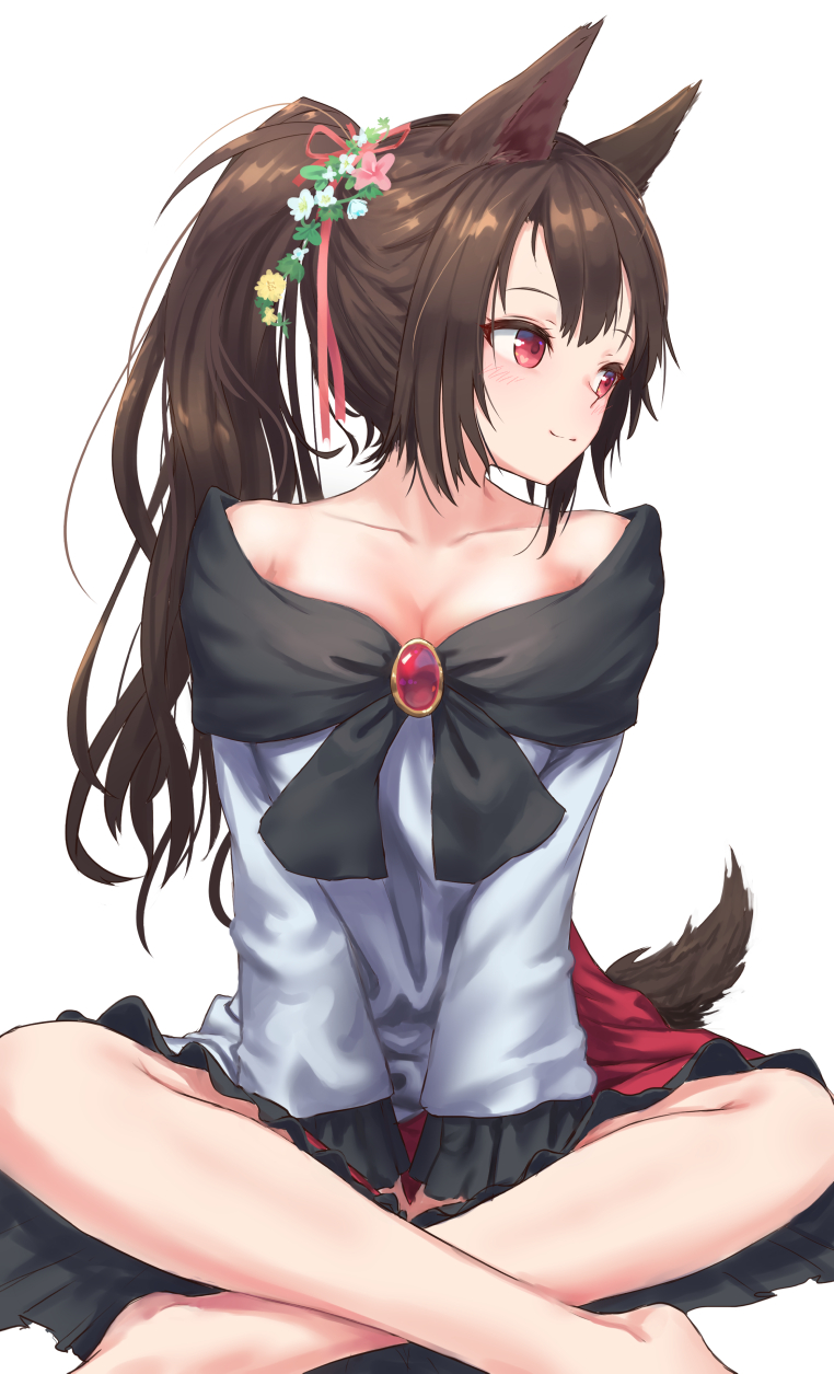 1girl alternate_hairstyle animal_ears bangs bare_shoulders barefoot blush breasts brooch brown_hair cleavage collarbone commentary_request dress feet_out_of_frame flower hair_flower hair_ornament hair_ribbon highres imaizumi_kagerou indian_style jewelry long_hair long_sleeves looking_to_the_side medium_breasts multicolored multicolored_clothes multicolored_dress off-shoulder_dress off_shoulder pink_flower pink_ribbon ponytail red_dress red_eyes ribbon ribbon-trimmed_sleeves ribbon_trim roke_(taikodon) sidelocks simple_background sitting smile solo tail touhou white_background white_dress white_flower wide_sleeves wolf_ears wolf_tail yellow_flower