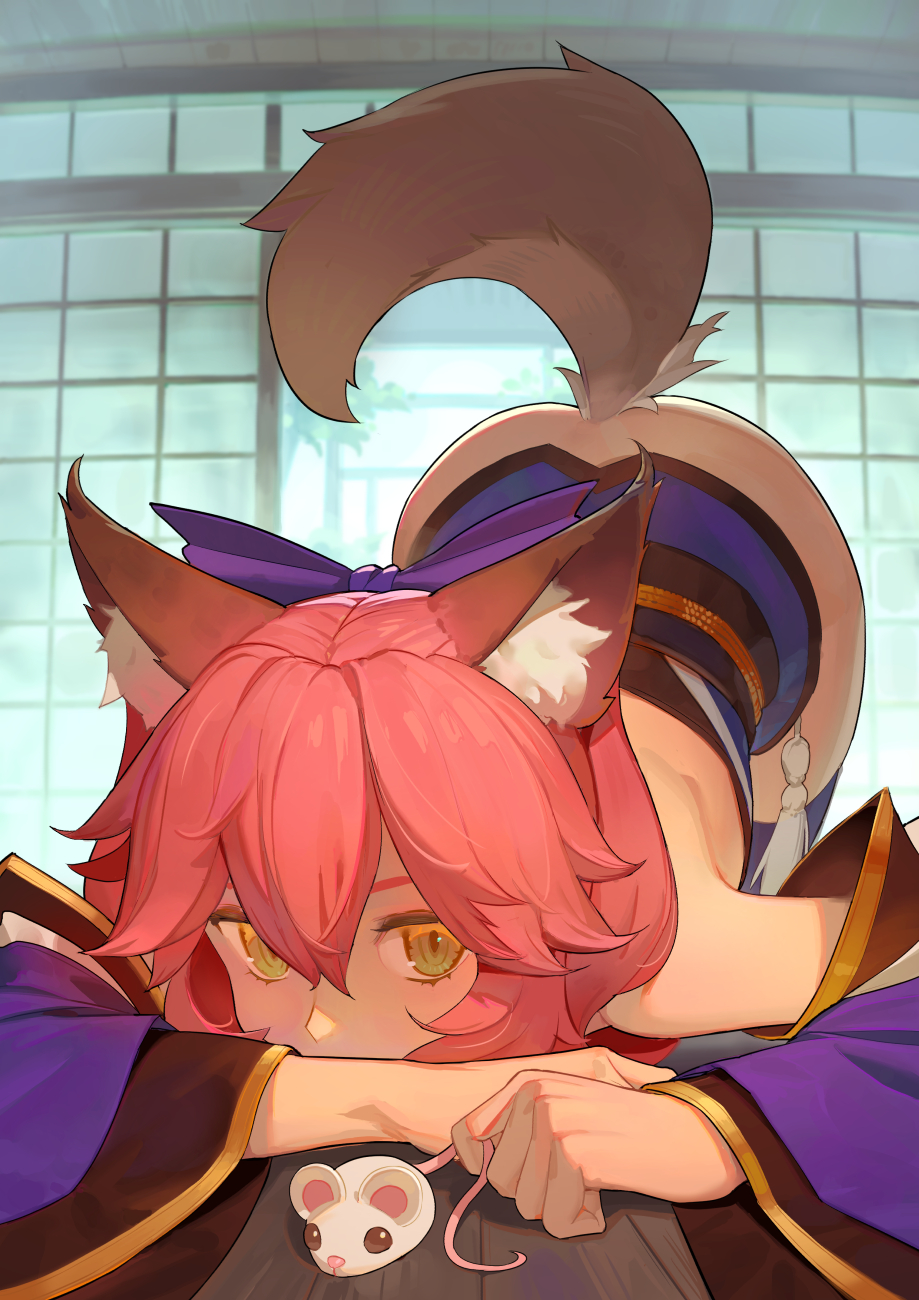 1girl animal_ear_fluff animal_ears bangs blue_kimono bottomless bow commentary_request detached_sleeves fate/extra fate_(series) fox_ears fox_tail hair_between_eyes hair_bow highres indoors japanese_clothes kimono looking_at_viewer mouse no_panties on_floor pink_hair slit_pupils solo tail tail_raised tamamo_(fate)_(all) tamamo_no_mae_(fate) tim_loechner top-down_bottom-up wide_sleeves yellow_eyes