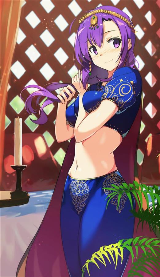 1girl breasts closed_mouth earrings fate/grand_order fate_(series) indian_clothes jewelry large_breasts long_hair looking_at_viewer matou_sakura parvati_(fate/grand_order) purple_hair smile standing violet_eyes