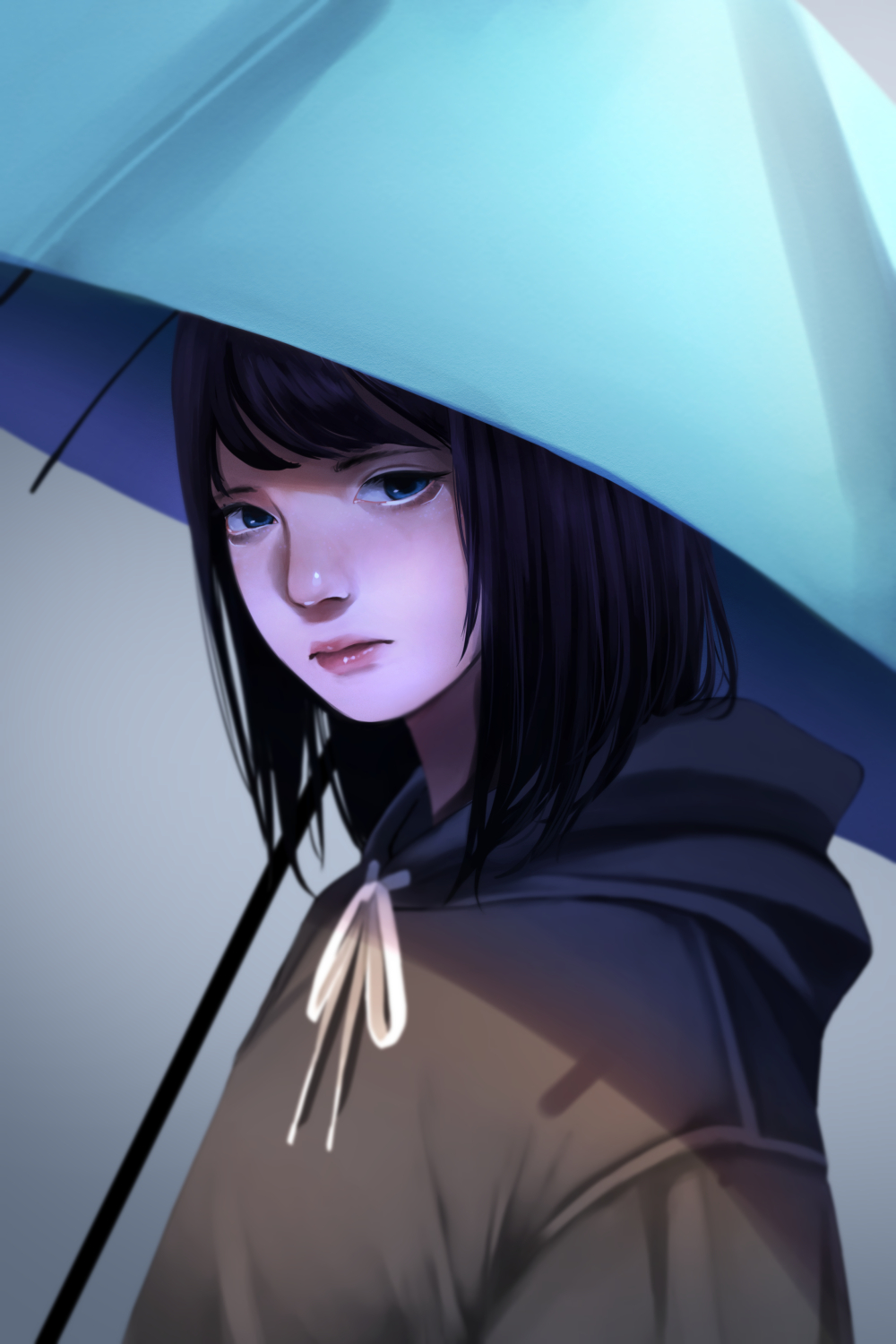 1girl bangs black_hair blue_eyes blurry depth_of_field drawstring expressionless from_side gradient gradient_background head_tilt highres holding holding_umbrella hood hoodie lips looking_at_viewer looking_to_the_side nose original realistic shade solo swept_bangs umbrella upper_body